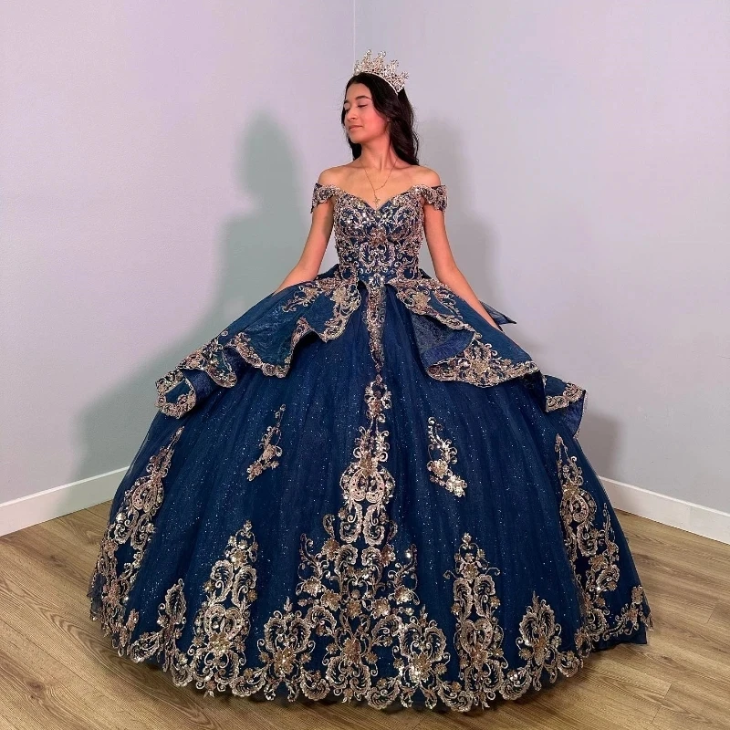 

Navy Blue Shiny Quinceanera Dresses With Gold Appliques Lace Beads Lace-Up Sleeveless Corset Prom Sweet 16 Vestido De 15Anos