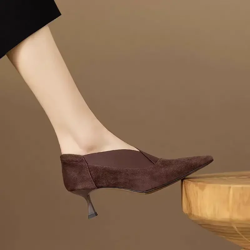 

Women Pointed Thin Heeled Short Boots Elastic Deep Cut High Heels Fashion Concise Ankle Boots Mid Heel Pumps