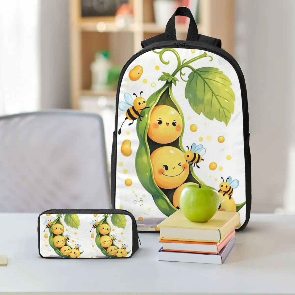 Vibrant In Color Cute Pea Pattern Backpack Student BookBag School Bag Shoulder Bags 3ps Insulated Lunch Bag Pencil Case