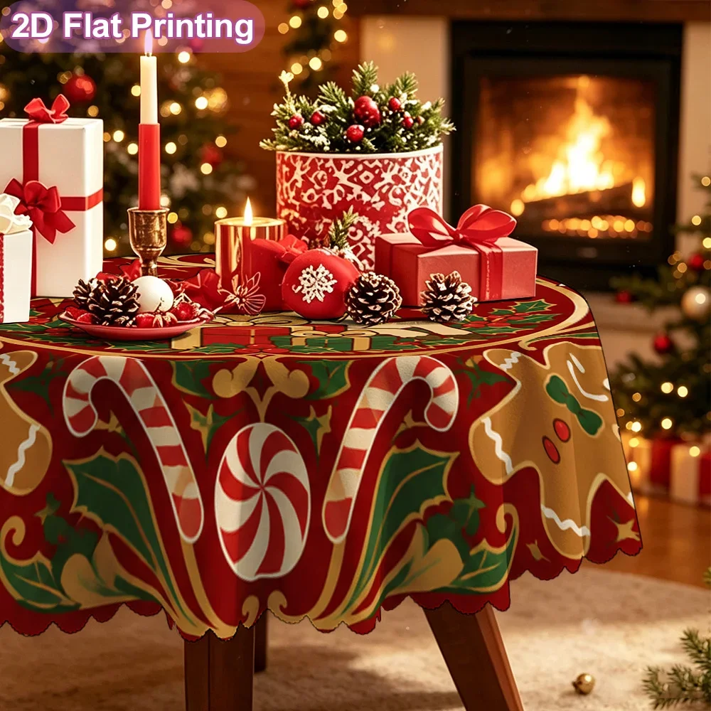 2D flat single piece tablecloth, elegant round polyester tablecloth, Christmas reindeer gingerbread gift mat design
