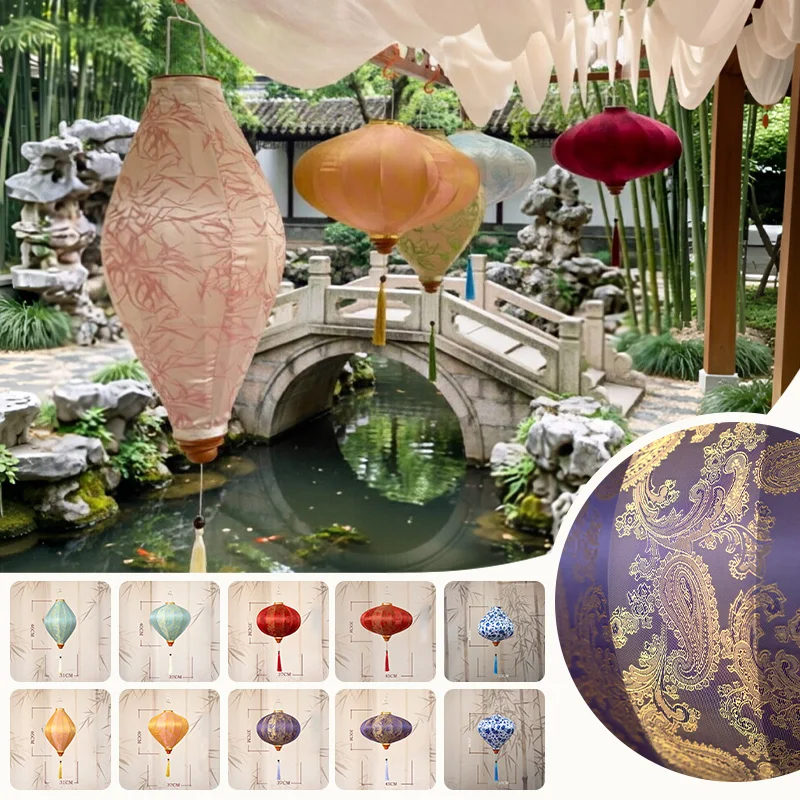 Chinese Style Fabric Hanging Lantern with Tassel Gilt Auspicious Pattern Vintage Ornament for Wedding Party Home New Year Decor