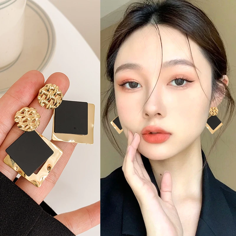 925 Silver Needle Korean Fashion Square Drop Earrings For Women Metal Earing Jewelry 2026 Trending New Black Gold Color Earrings