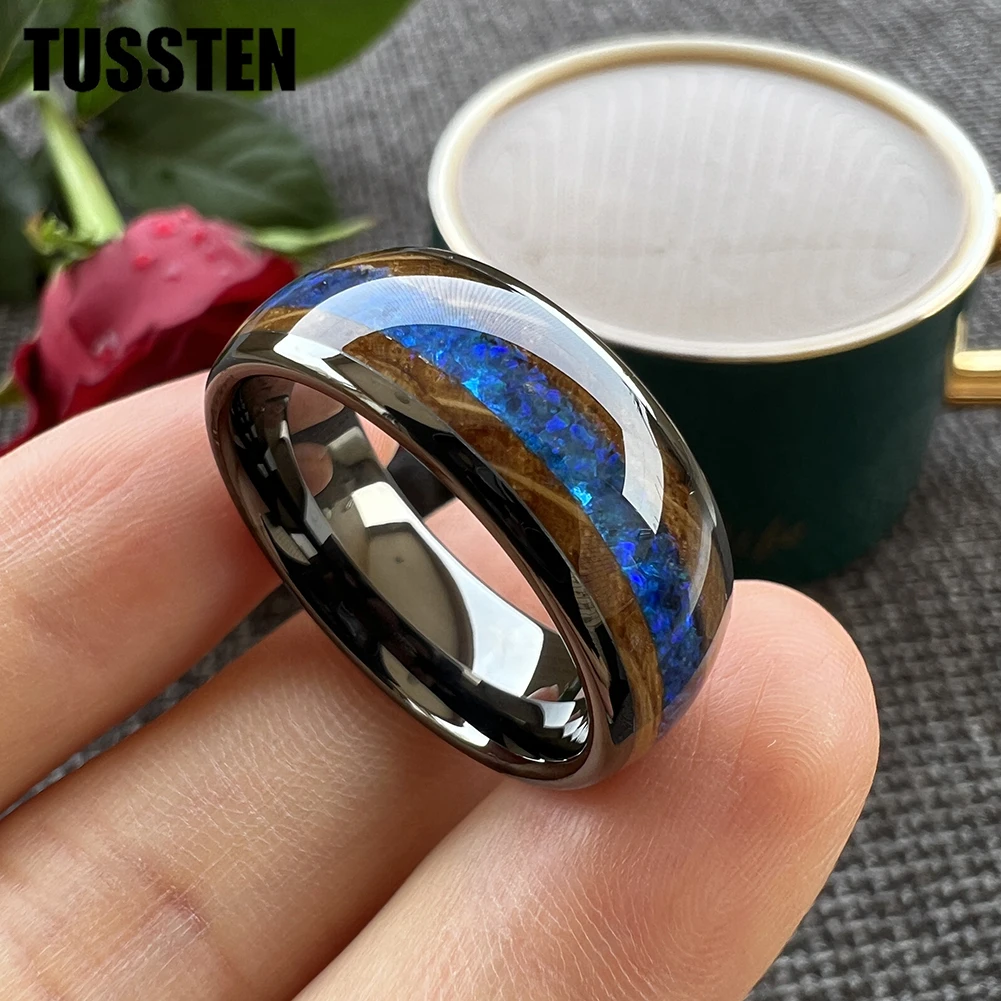 TUSSTEN 8mm Whisky Wood Blue Green Opal Inlay Gold Tungsten Ring for Men Women Fashion Engagement Wedding Band Comfortable Fit