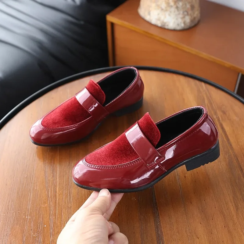 Mumoresip Children Leather Shoes Glossy Patchwork Boys Pointed-toe Uniform Shoes Formal Performance Non-slip Kids School Loafers