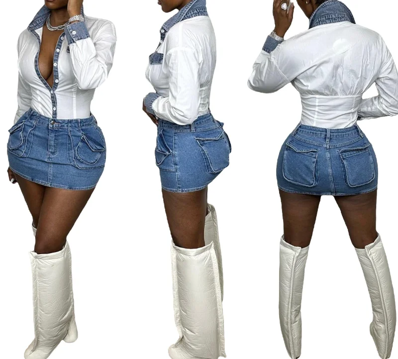 Skirt for Women 2026 Summer New Solid Color Multi-Pocket Design High Waist Sexy Slim Fit Streetwear Hip Hugging Denim Skirt