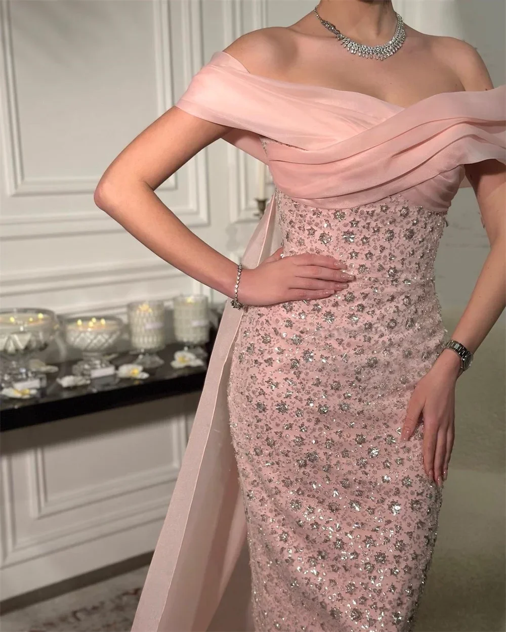 Customized Prom Gown Formal Evening Dress Asymmetrical Column Floor Length Open Back Skirts Sequin Tulle Stole Bead Bespoke Occa