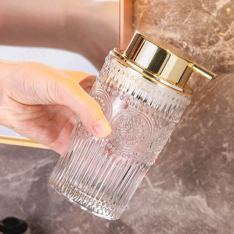 Relief Craft Glass Hand Soap Dispenser Bottle Nordic Modern Golden Stroke Mousse Bubbler Bottles Bathroom Decoration Accessories