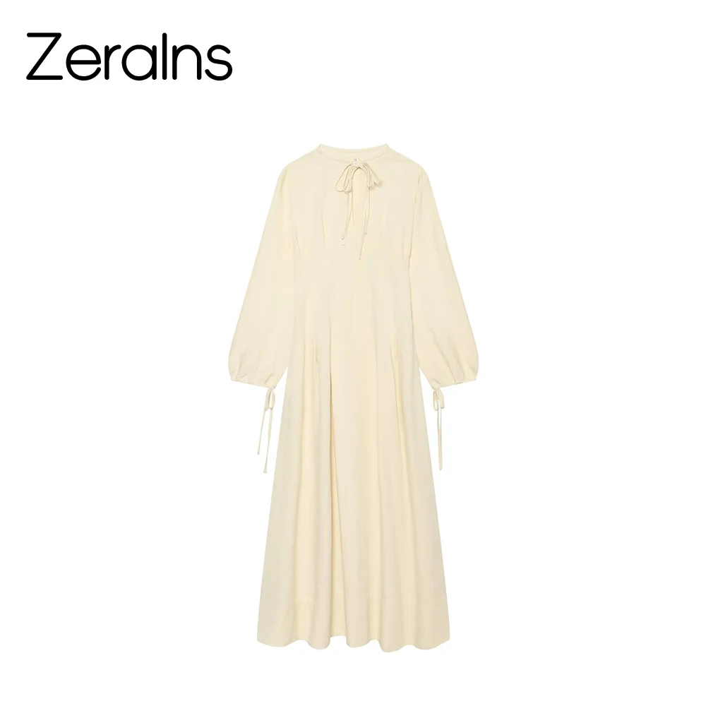 Robe ZERAINS à col rond, style français, avec laçage, coupe ample et fluide, jupe longue décontractée qui cache les imperfections et a un effet amincissant.
