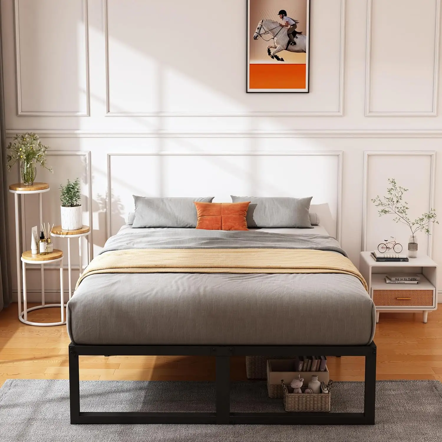 

14 H Queen Bed Frame, No Box Spring Ned, Heavy Duty Metal Platform Queen Size Bed Frame, Strong Steel Slats Support, Noise