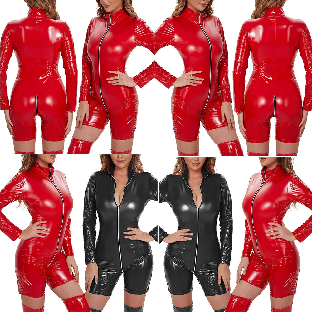 

Модный новый сексуальный женский комбинезон с разрезом на молнии, горячий вечерний комбинезон с длинными рукавами, облегающий сексуальный комбинезон из блестящей ПВХ кожи