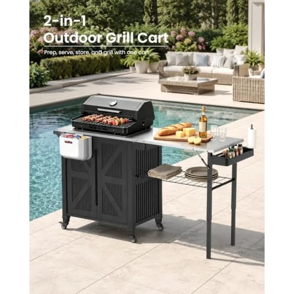 Outdoor Grill Cart with Storage Cabinet 2 in 1 BBQ Prep Table with Foldable Side Shelf Stainless Steel Top Paper Towel
