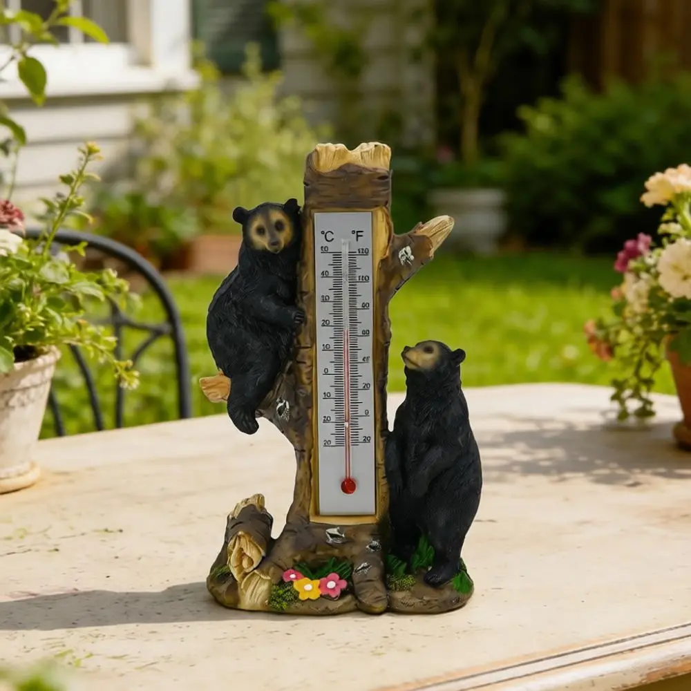 Resin Black Bear Ornament For Outdoor Garden Patio Lawn Temperature Measuring Instrument Realistic Wildlife Statue