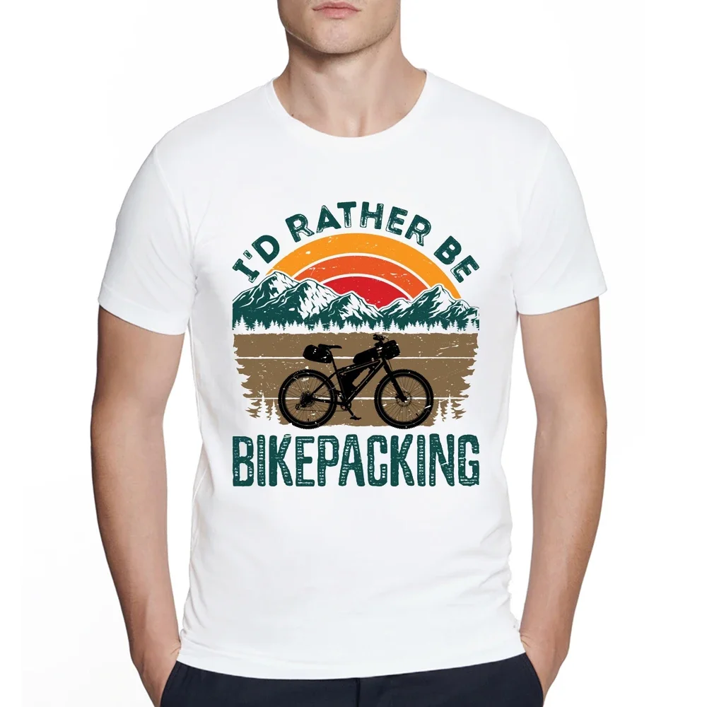 Vintage Funny I'd Rather Be Bikepacking Bikepacker Mountain Biking -Shirt for Men print Harajuku Summer T-Shirt White Tops Tees