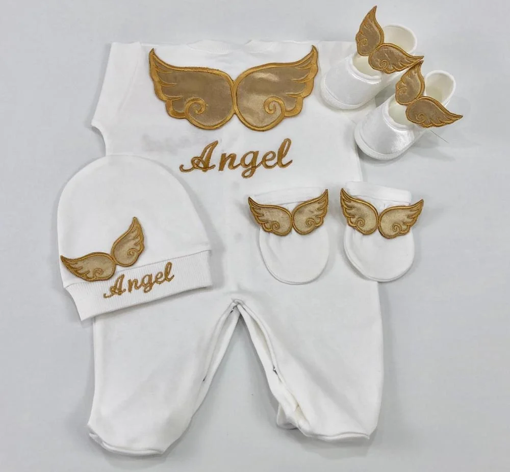 Dollbling 4pcs Wings Outfits Any Name Personalized Sweetwood Embroidery Gift Set Baby Pajamas Hat Welcome Home Ceremonial dress