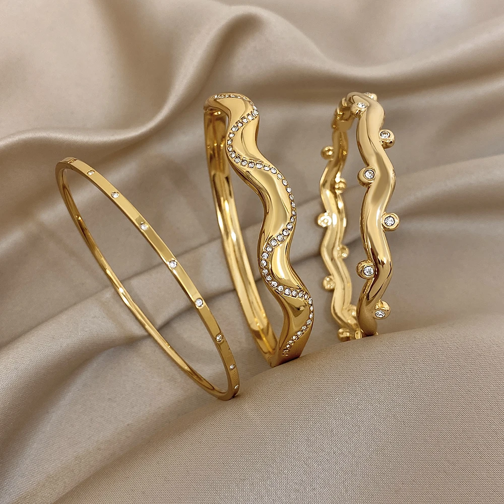 3Style Design Edelstahl-Armreif, modisches, halbwellenförmiges, diamantbesetztes, feines Armband für Damen und Herren, europäisch-amerikanischer Stil, neu