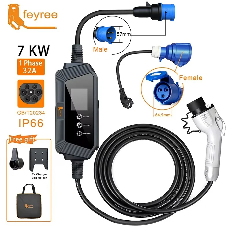 feyree EV Charger Portable 7KW 32A 1Phase GBT Charger 5M Cable with CEE Plug for Electric Vehicle Car Charger EVSE Charging Box