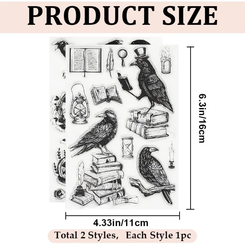 2 Styles Raven Clear Stamps Crow Book Skull Gothic Reusable Background Postmark Transparent Silicone Stamp Seals for Journaling