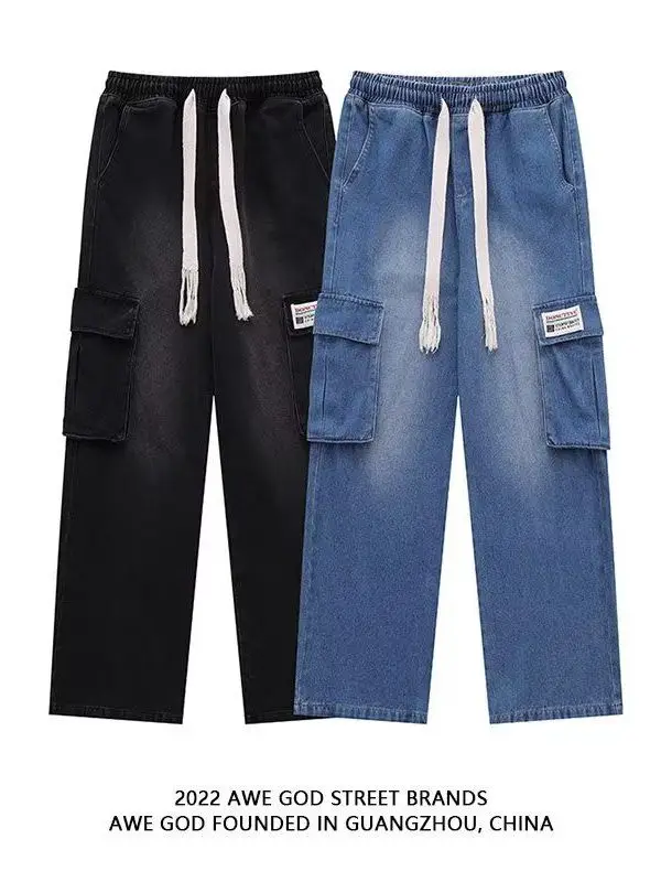 

Американская рабочая одежда в стиле ретро, джинсовые брюки, женские свободные широкие брюки с завязками, джинсы прямого кроя с несколькими карманами