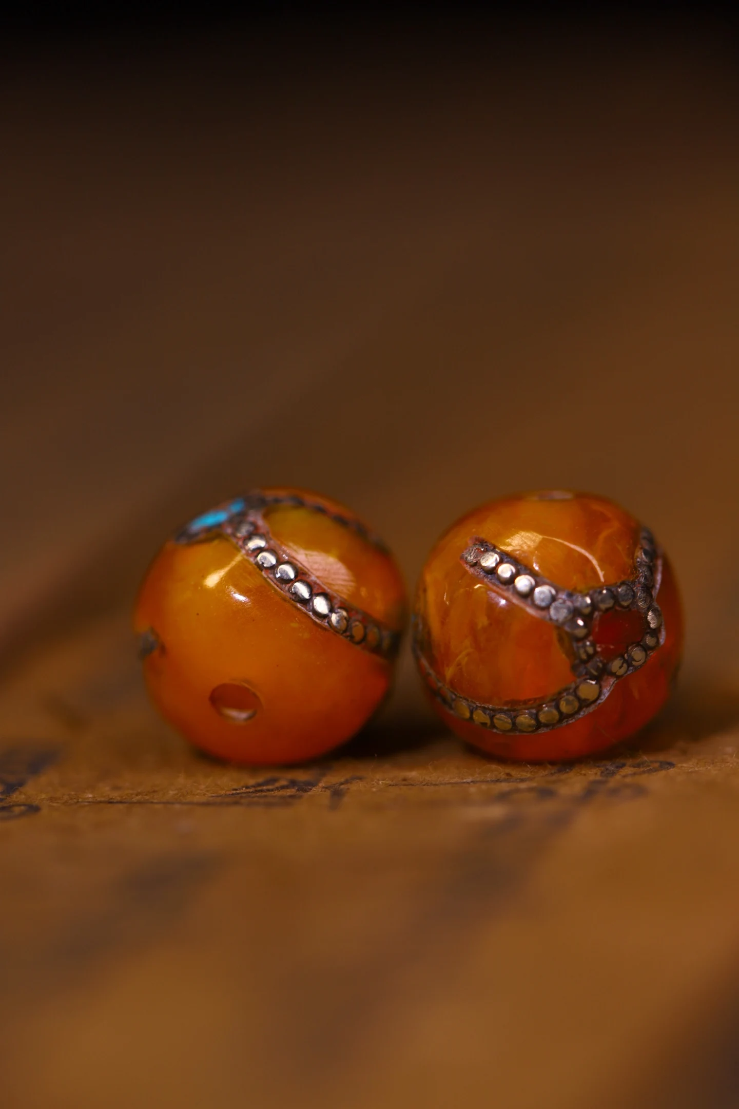 Beeswax Tibetan Silver filigree Mosaic Turquoise Buddha beads A Pair Pendant Amulet Dharam Amass wealth Town house Exorcism