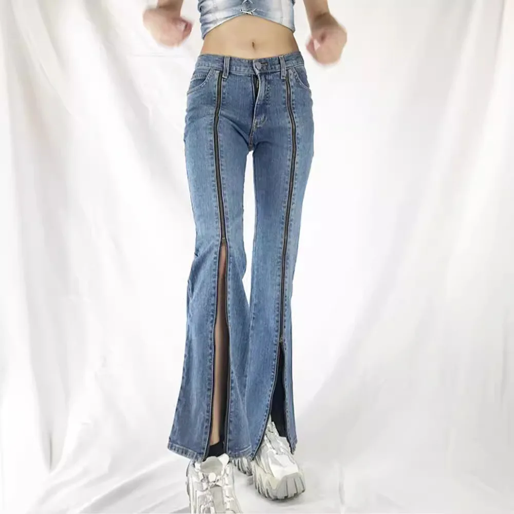 

Женские джинсы с разрезами на молнии, прямые, со средней посадкой, длинные брюки, весенняя коллекция, модные повседневные, без стрейч-ткани