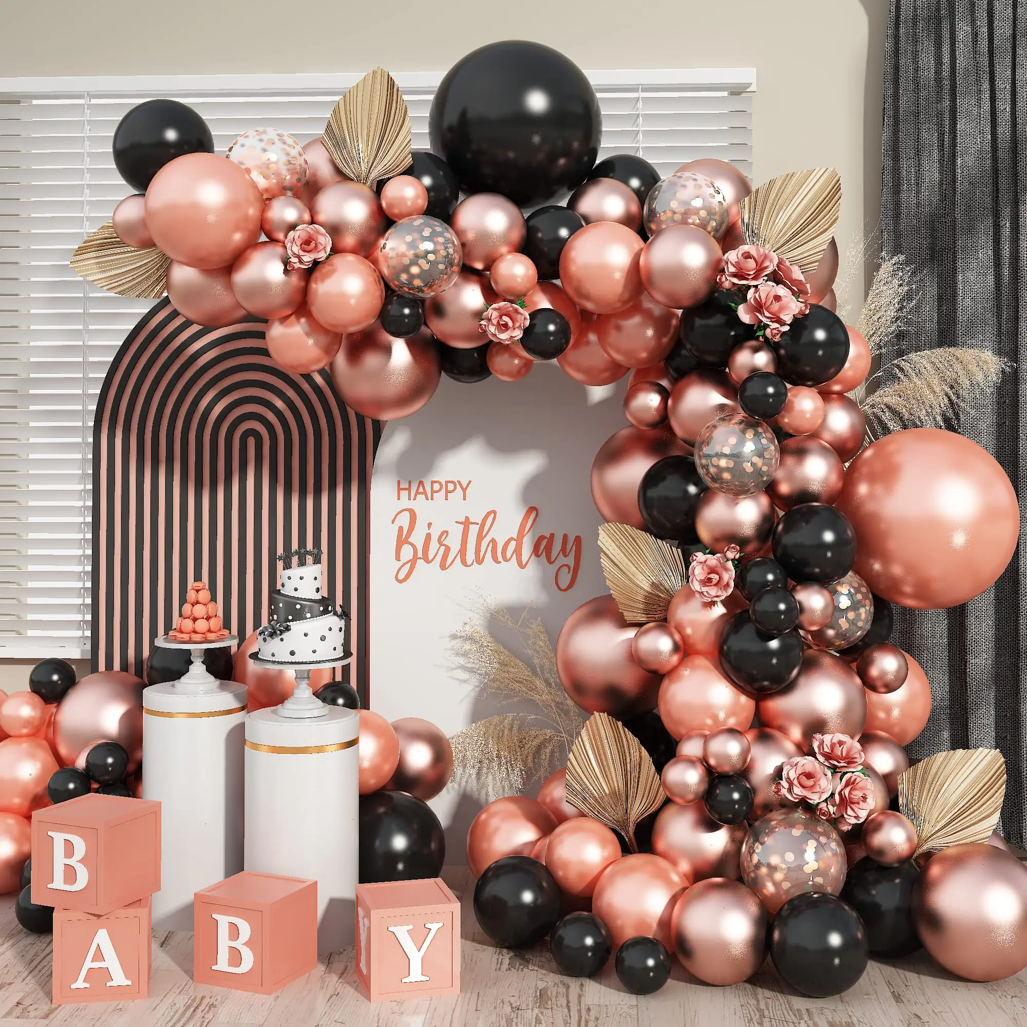 104pcs Rose Gold Black Balloon Arch Garland Kit, for Birthday Wedding Graduation New Year,Christmas,HalloweenDecoration