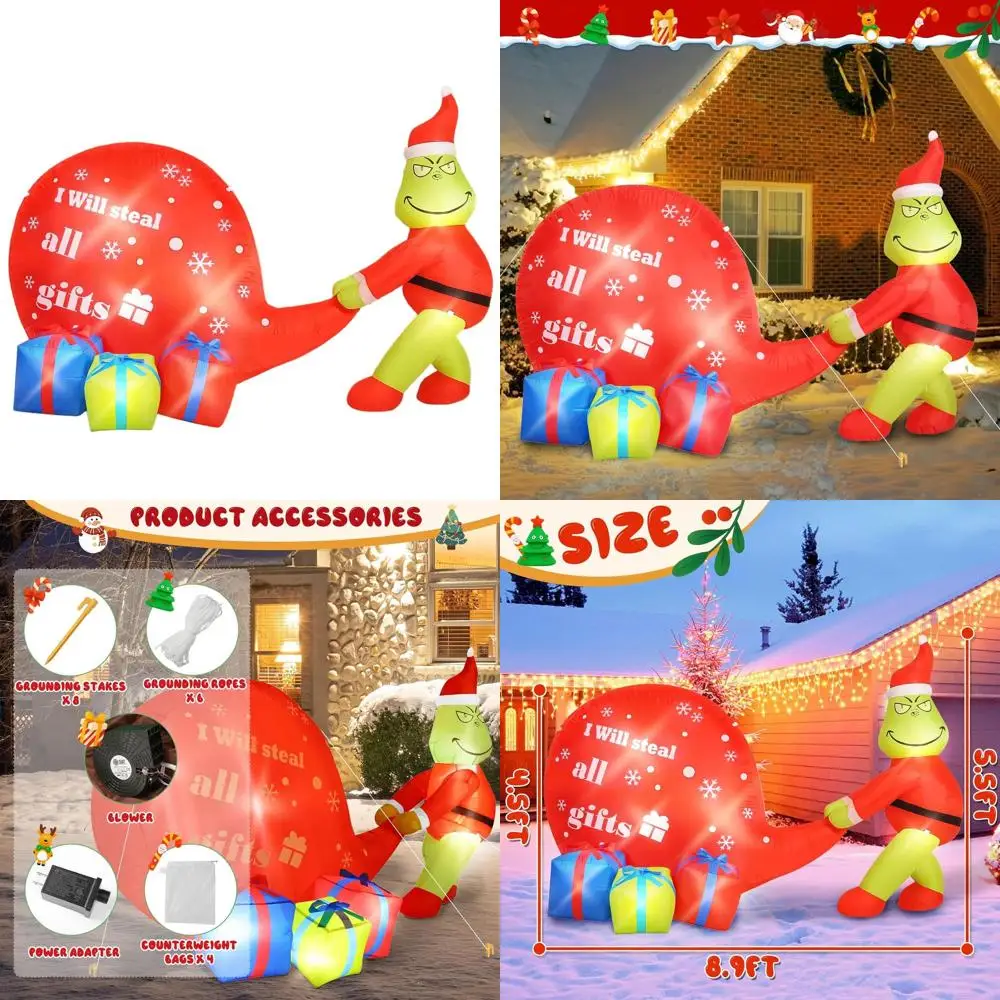 

Lighted 8.9ft x 5.5ft Christmas Green Monster Outdoor Inflatable with 8 LED Lights for Holiday Yard Decor