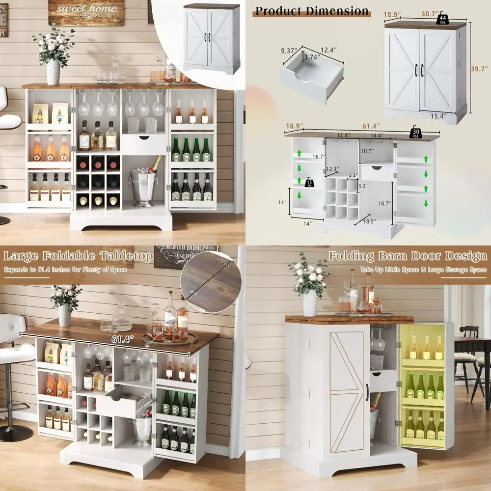خزانة بار النبيذ القابلة للتوسيع مع سطح طاولة قابل للطي وباب الحظيرة، وحدة بار القهوة المنزلية مقاس 61 بوصة تتميز بتخزين النبيذ والزجاج #1