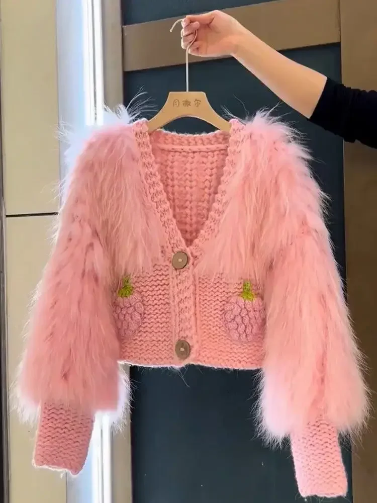 V-Neck Pink Crocheted 3D Grapes Knitted Cardigan Faux Mink Fur Spliced Sweater Coat Imitated Fox Hair Patchwork Knitwear Tops