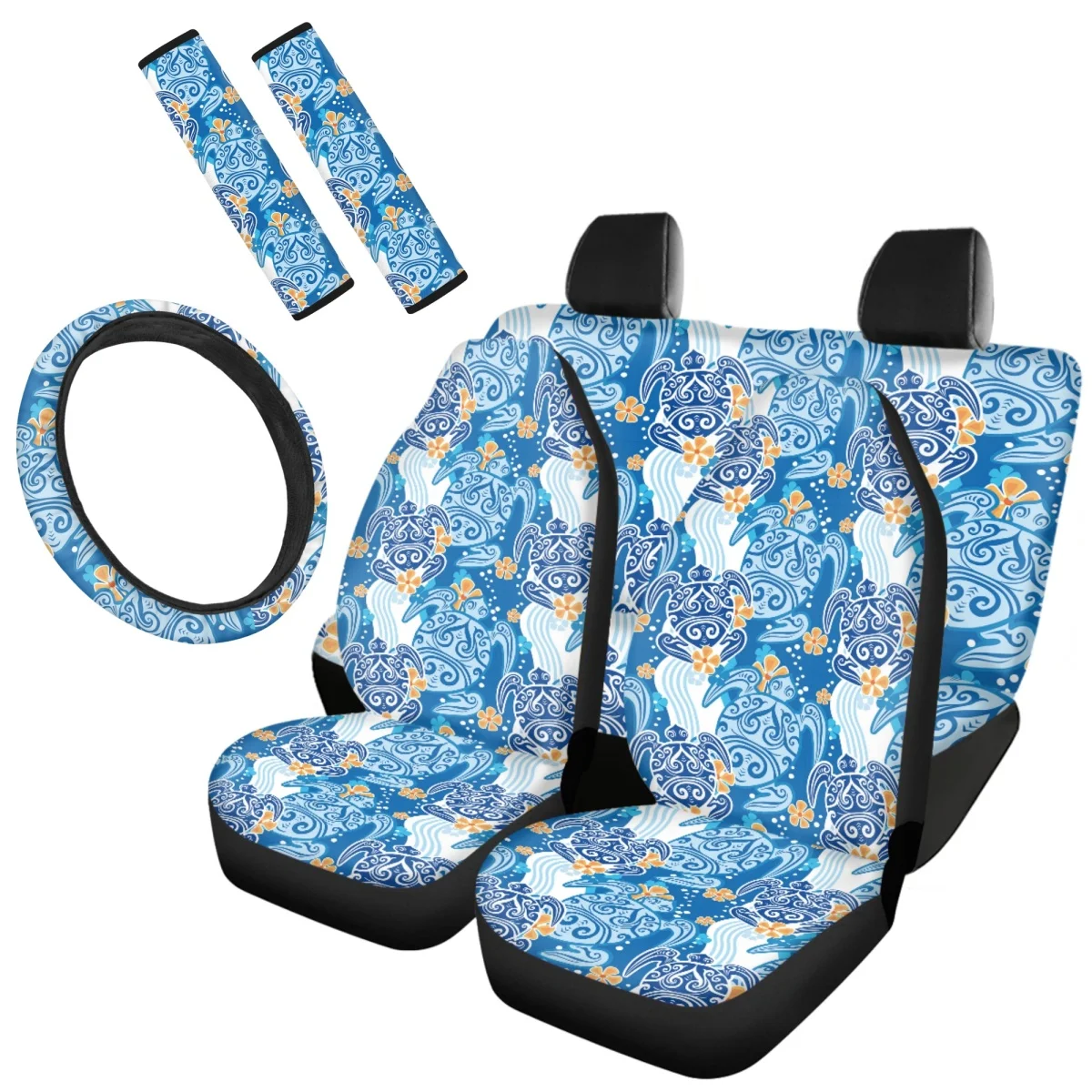 Auto Front Back Seat Cover Set Washable Non-slip Seatbelt Steering Wheel Polynesia Gradient Blue Turtle Car Interior Spare Parts