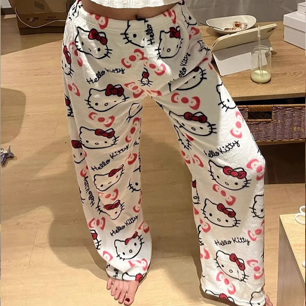 Y2K Hallo Kitty Sanrioed Frauen Plüsch Pyjama Hosen Anime Kawaii Baumwolle Hosen Winter Warm Halten Verdicken Hause Hosen Nette Hip Hop