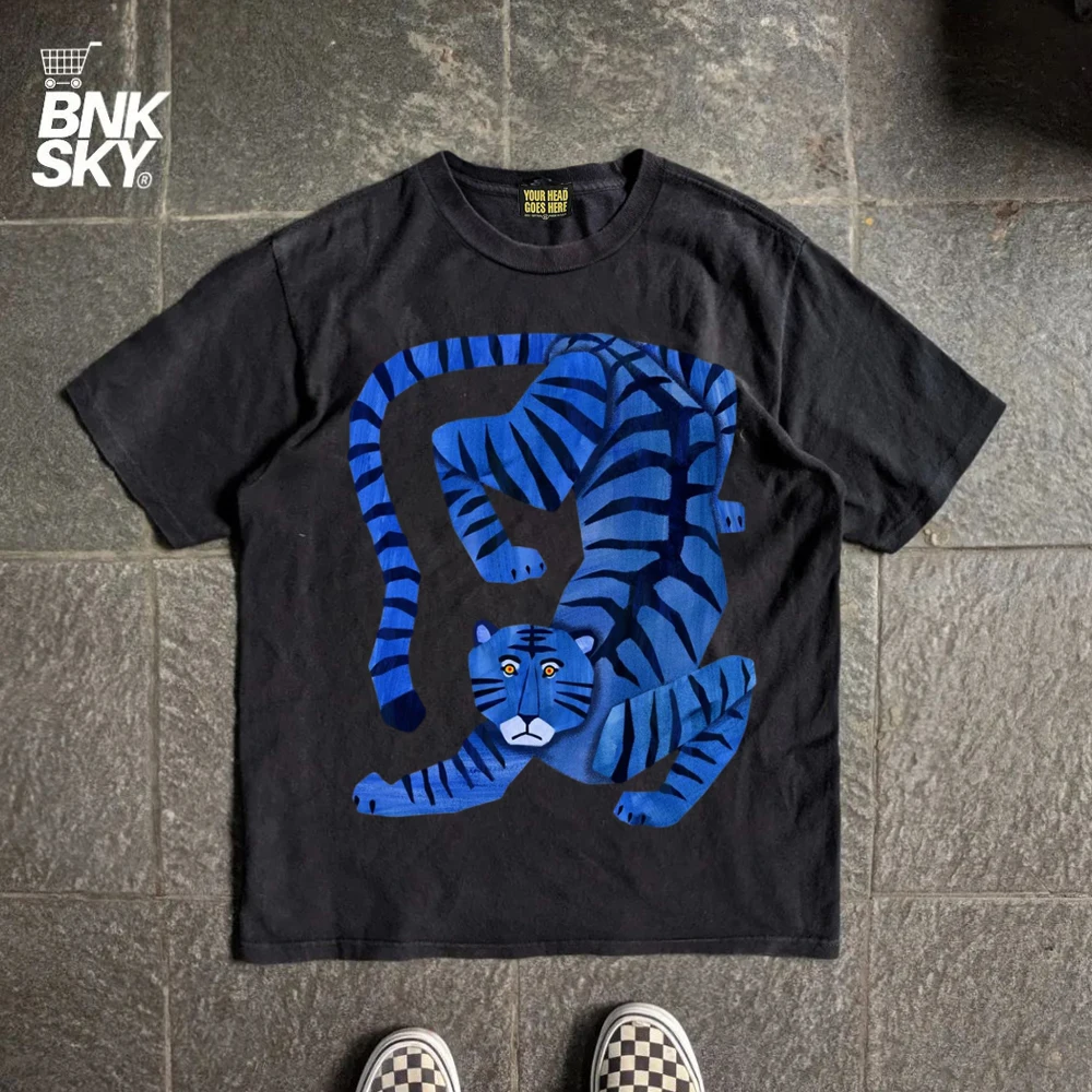Blue Tiger Illustration Abstract Art Street Style Short Sleeve T-Shirt American Old School Wang Studio Cotton Breathable roun...
