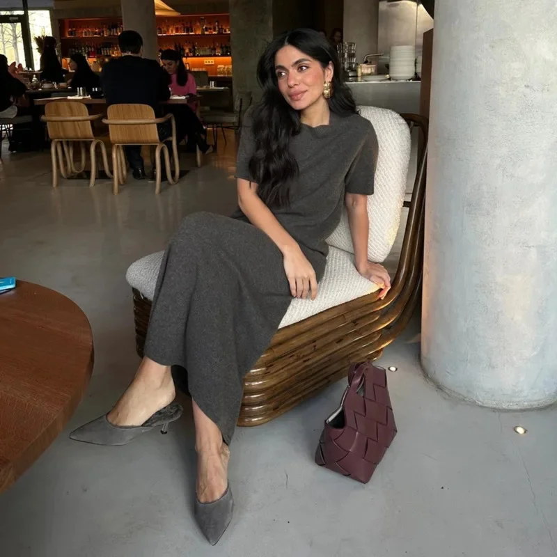 Solid Color Knitted Short Sleeve Pullover Elegant Minimalist High Waist Skirt Fashionable Women's Summer Essentials Knitted Set