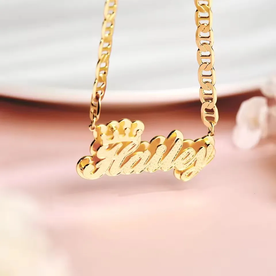 Jewelry Gift Personalized Double Layer Pendant Flat Chain Customized 3D Name Necklace with Crown Women's Stainless Steel
