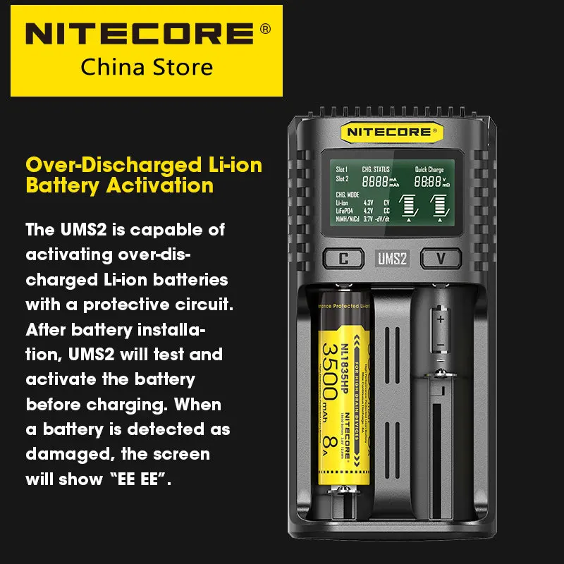 NITECORE-cargador de batería inteligente UMS2, enchufe de carga rápida QC para baterías recargables IMR Li-ion LiFePO4