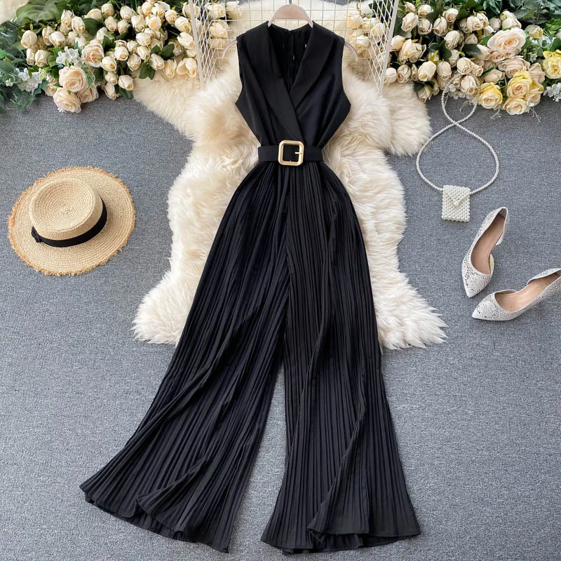 Retro Trendy Suit Collar Sleeveless jumpsuit with Belt for Women's Spring/Summer New Slim Fit High Waist Wide Leg jumpsuits