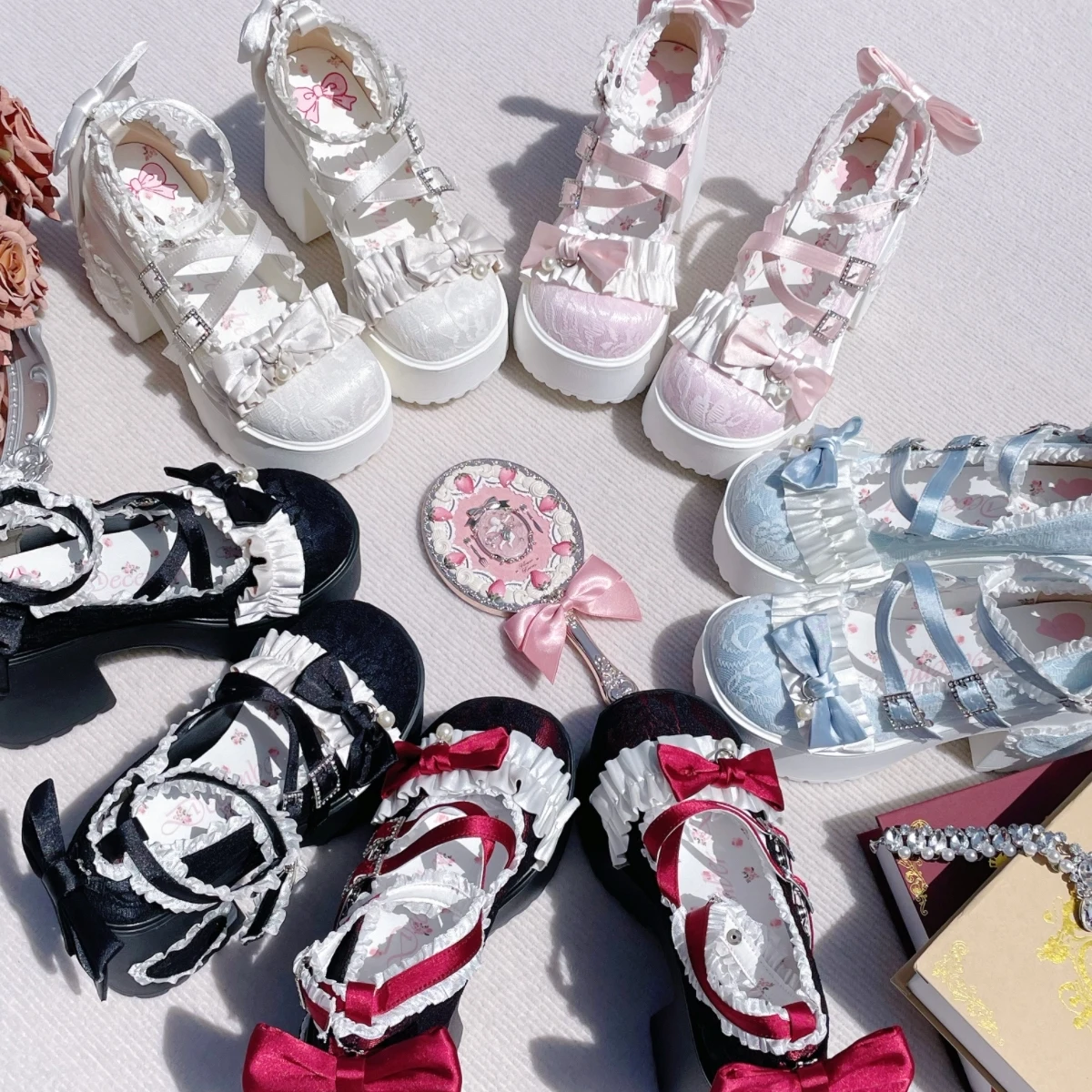 Original Mine Lolita Style Blue High Heels Autumn New Girl Woman Cute Bow Elegant Tea Party Mary Jane Shoes Y2k Platform Shoes