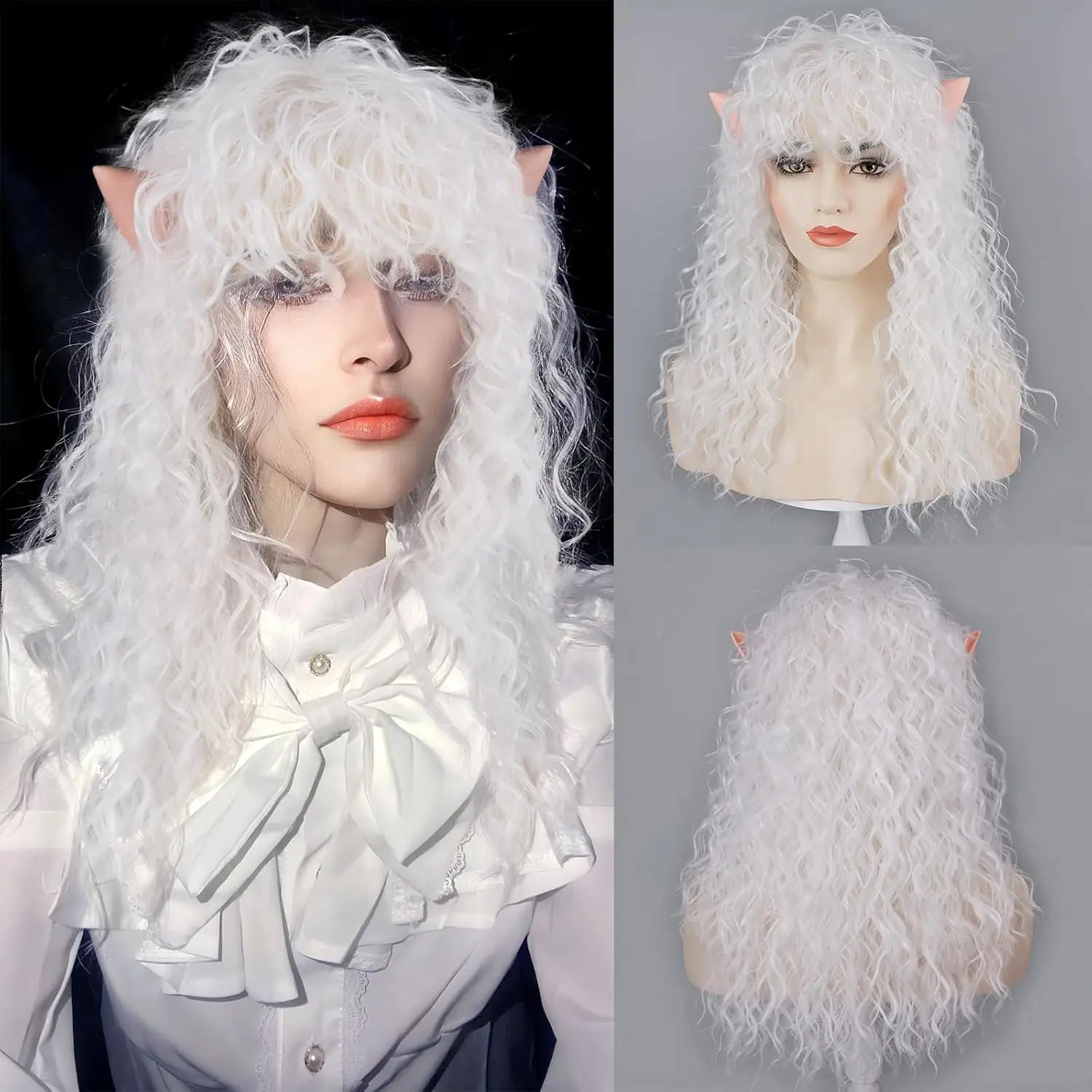 

Synthetic White Curly Wig and Elf Ears for Women Costume Long Curly with Bangs Heat Resistant Cosplay Halloween Christmas Party