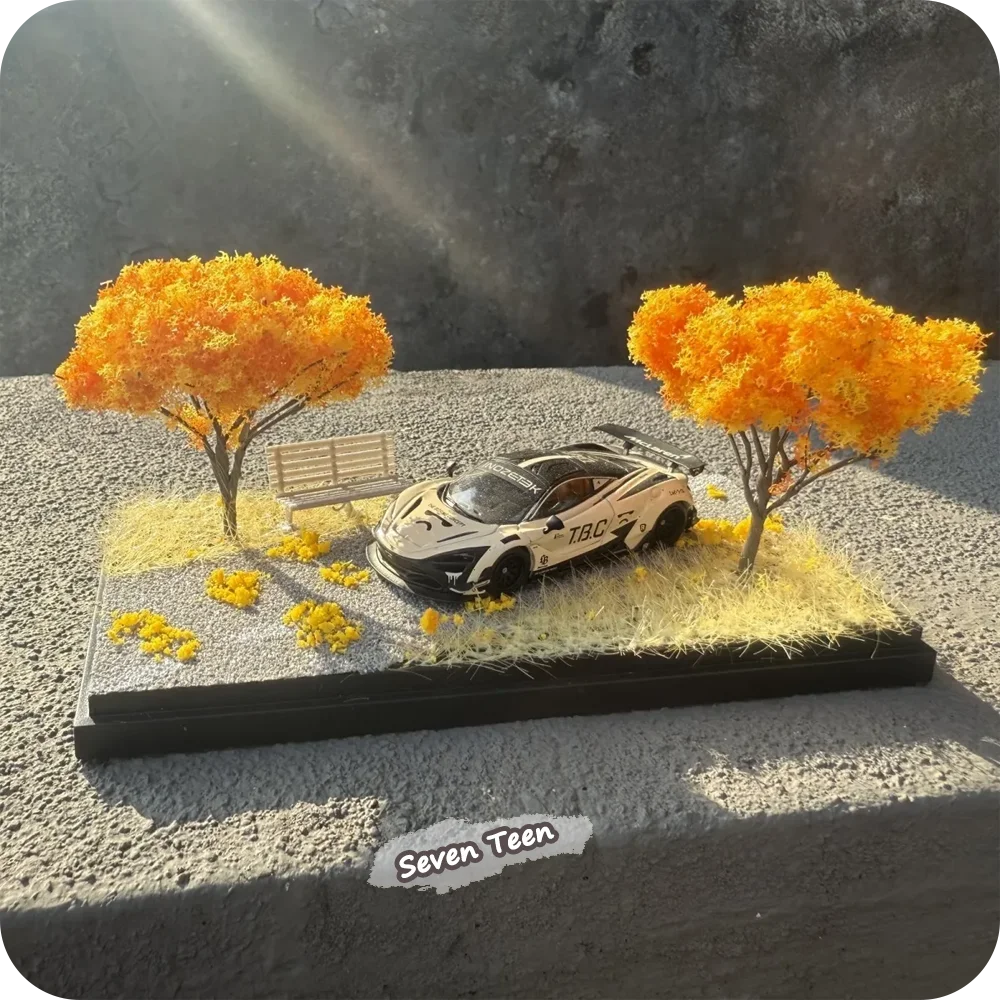 Caja de exhibición de acrílico para modelo de coche en miniatura con escena de otoño 1:64, accesorios para fotografía, decoración del hogar, adorno en miniatura (no incluye modelo de coche)