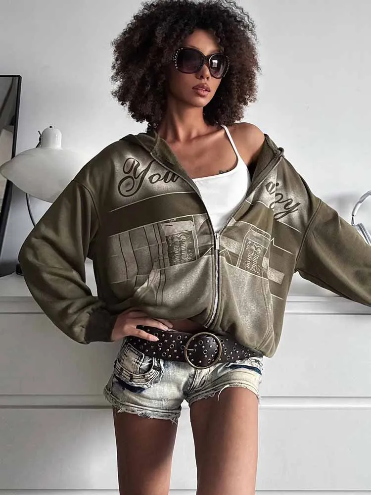 

BKQU Винтажные толстовки Y2K для женщин Harajuku с буквенным принтом, свободная толстовка на молнии, осень 2025, куртка с капюшоном и длинными рукавами, хип-хоп 2000-х годов