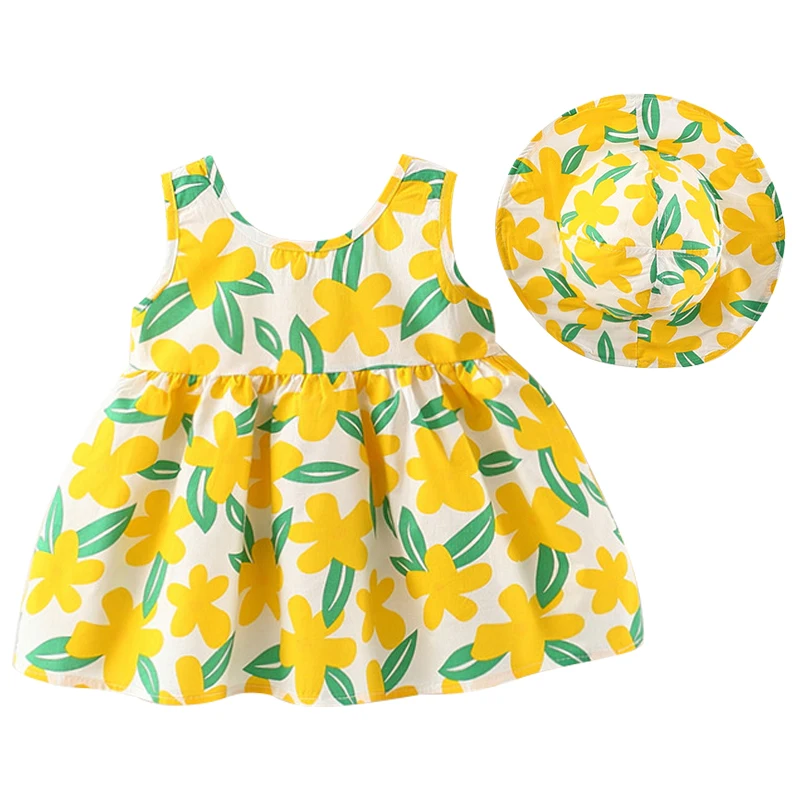 2 Stück setzt Sommer Kleinkind Mädchen Kleidung koreanische Mode Prinzessin Blumen ärmellose Baumwolle Baby Kleider + Hüte Kinder Kleid BC2123-1