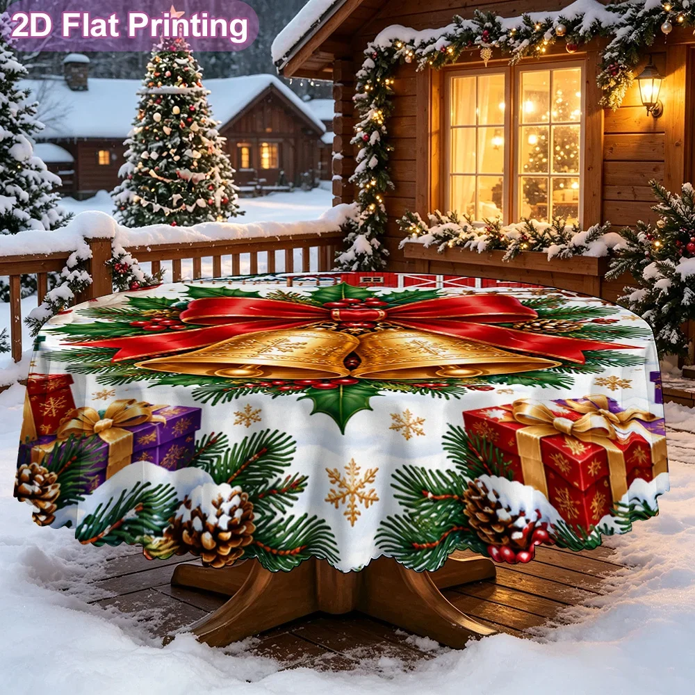 Elegant round polyester tablecloth, Christmas bell polar bear scene design, tabletop decoration,