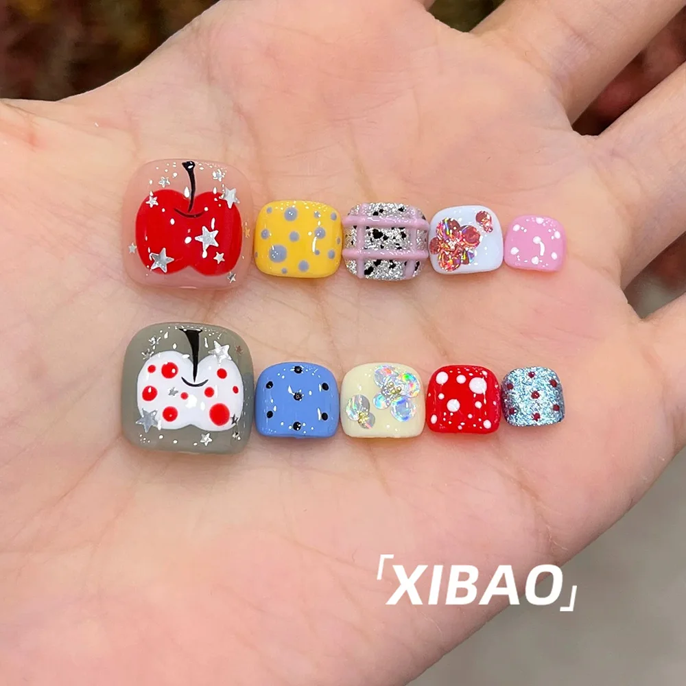 Gentle Sweet Diamond Lace Pearl Flower Glitter Foot Nail Patch Dot Apple Long Rectangular Toenails Sticker Vacation Accessories