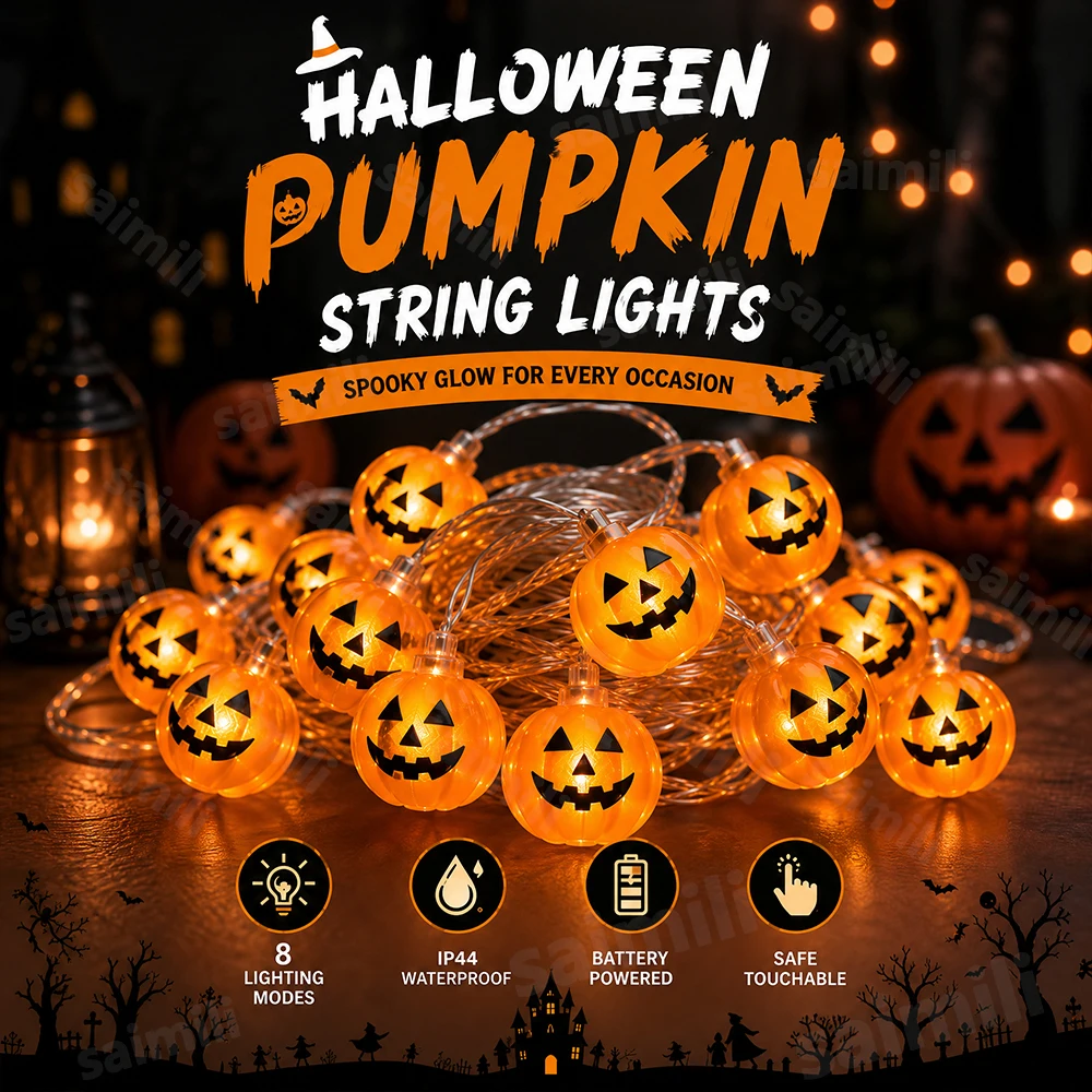 Ghost Festival Pumpkin LED String Lights Halloween Battery Powered Spooky Glow For Home DIY Halloween Party Decorative Lighting