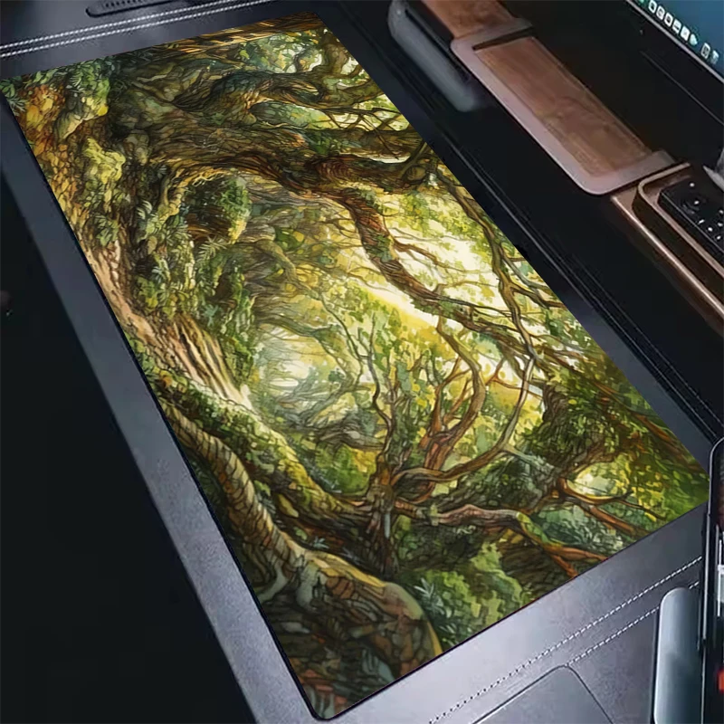Dream Green Forest Art Desk Mat Large Gaming Mouse Pad Non-slip Rubber Base Stitched Edge Keyboard Rug PC Table for Office Decor