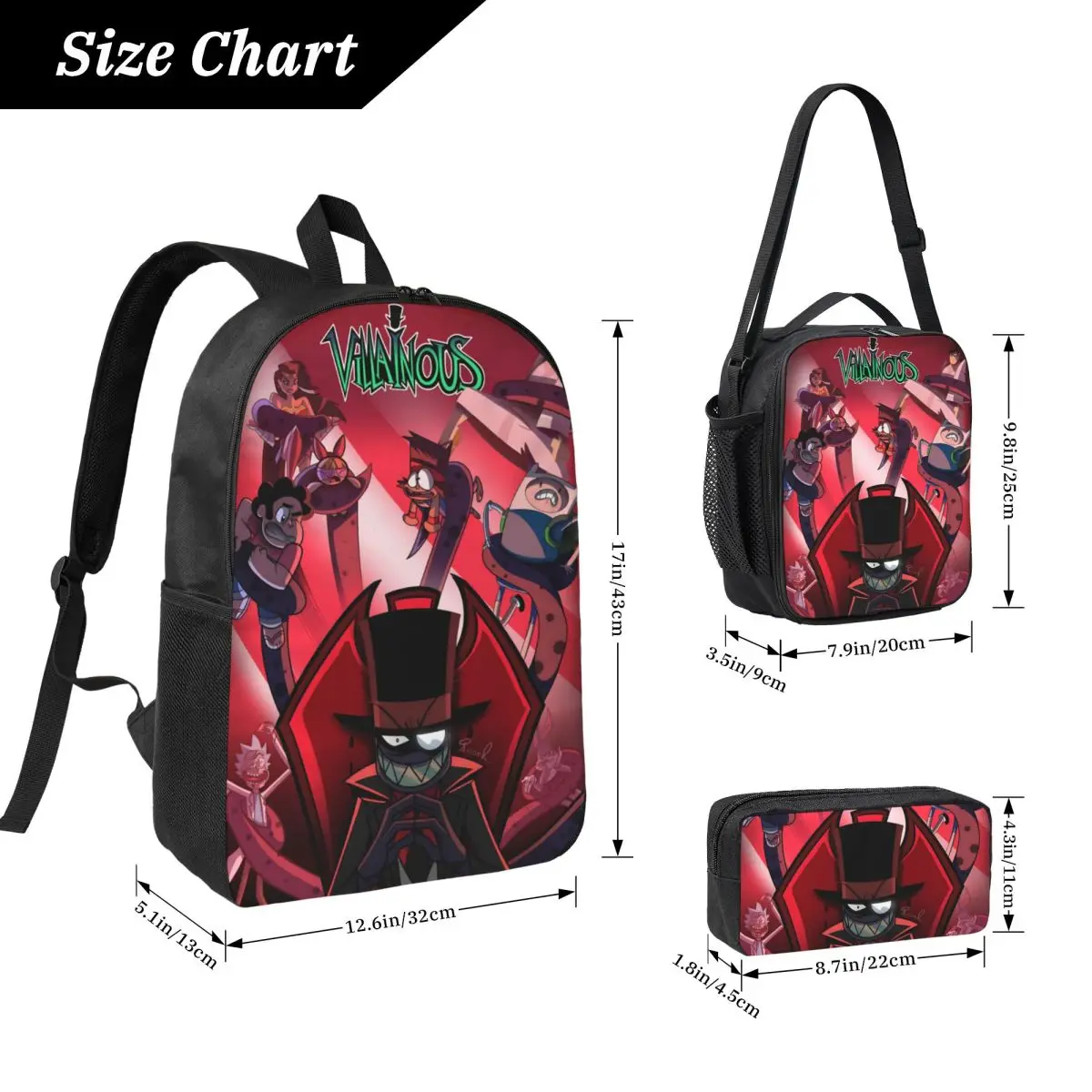 3Pcs Villainous Comdy merch Backpack Set for Boy Girl Pencil Boxes Bookbag Sets with Lunch Box For School Students Daypack