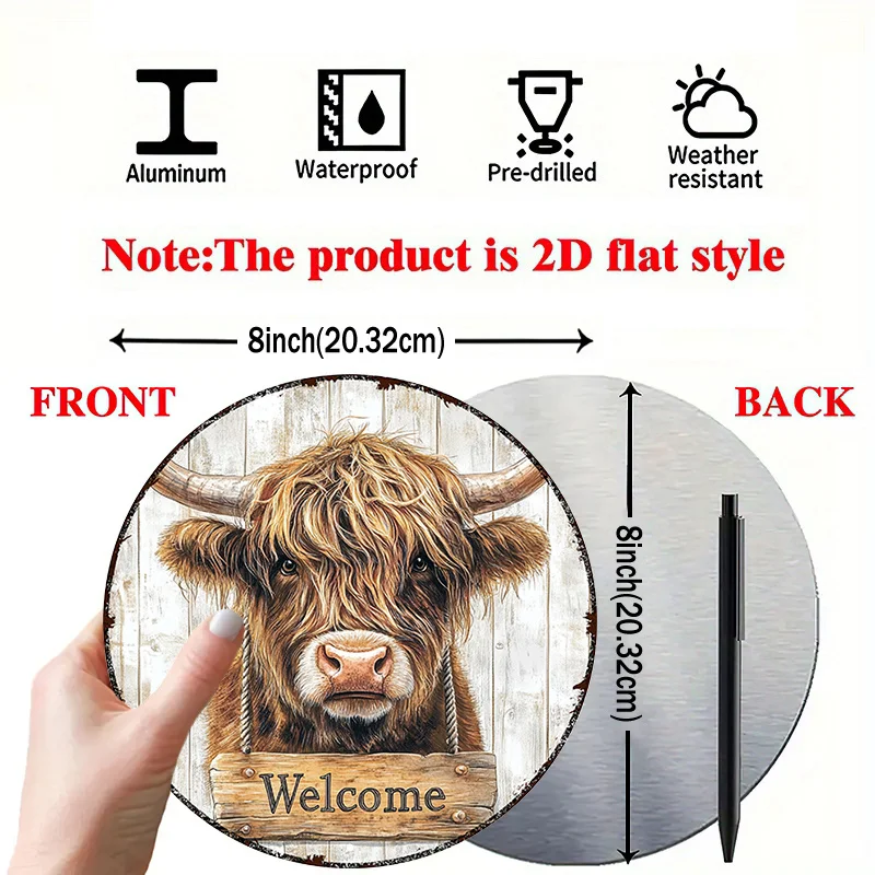 2D Flat, 1pc 7.87x7.87 Inch Aluminum 2D Highland Cow Welcome Sign - Metal Round Plaque for Home, Office, Cafe Decor - Weather-Re