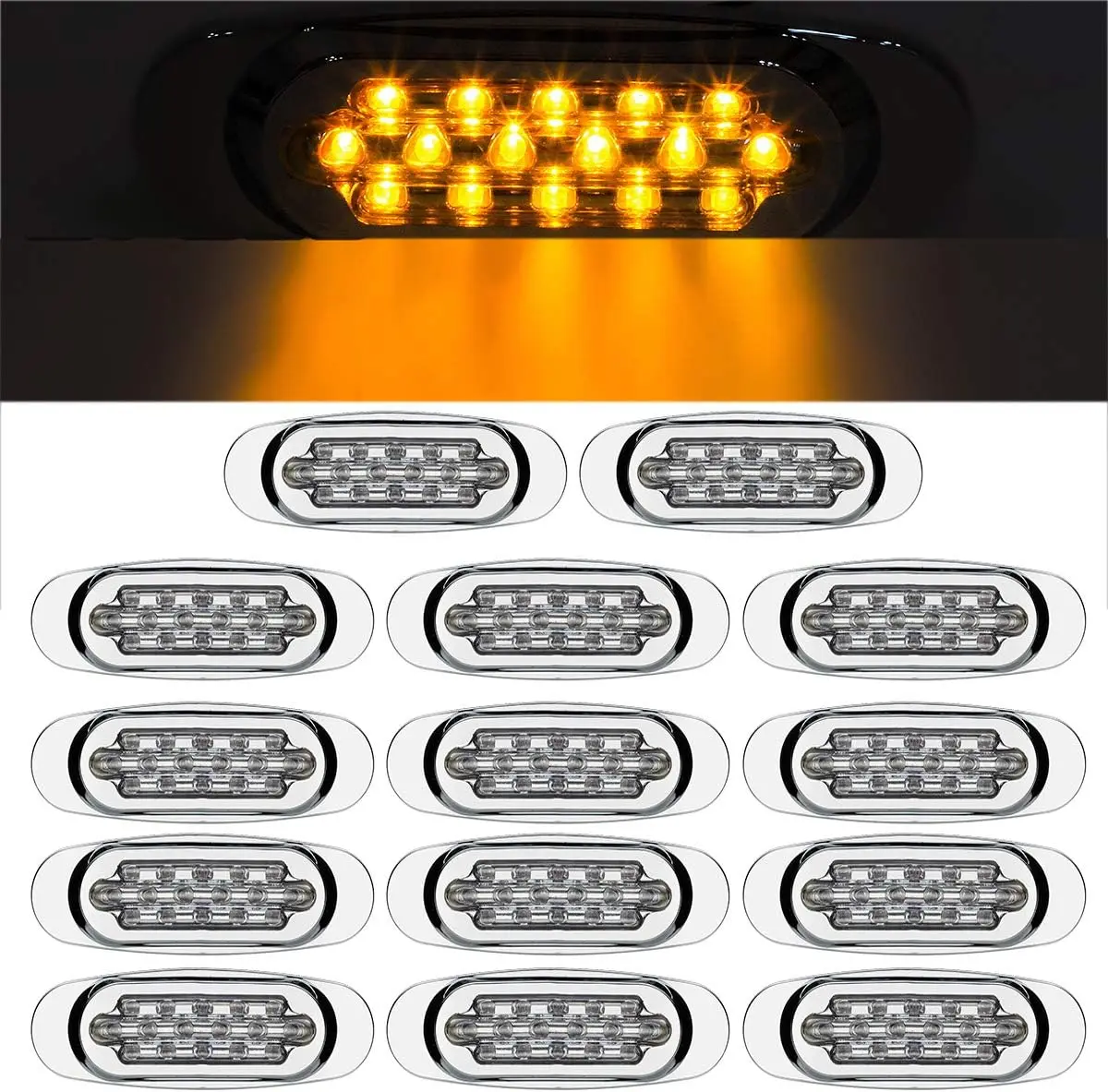 

14Pcs 6.5' Amber 16LED Chrome Flush Mount Trailer Side Marker Lights for Peterbilt/Kenworth/Freightliner