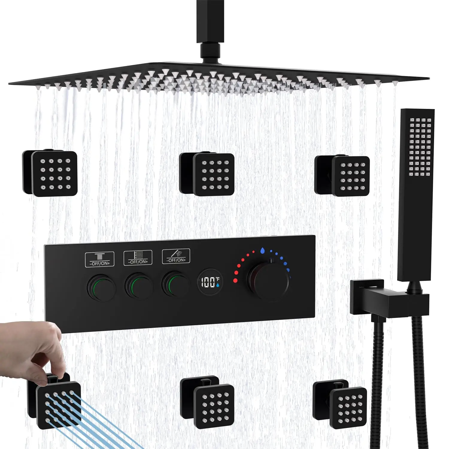 Matte Black 16 inch Ceiling Rain Shower head Brass Thermostatic Digital Shower System set with Push-Button Temperature Valve