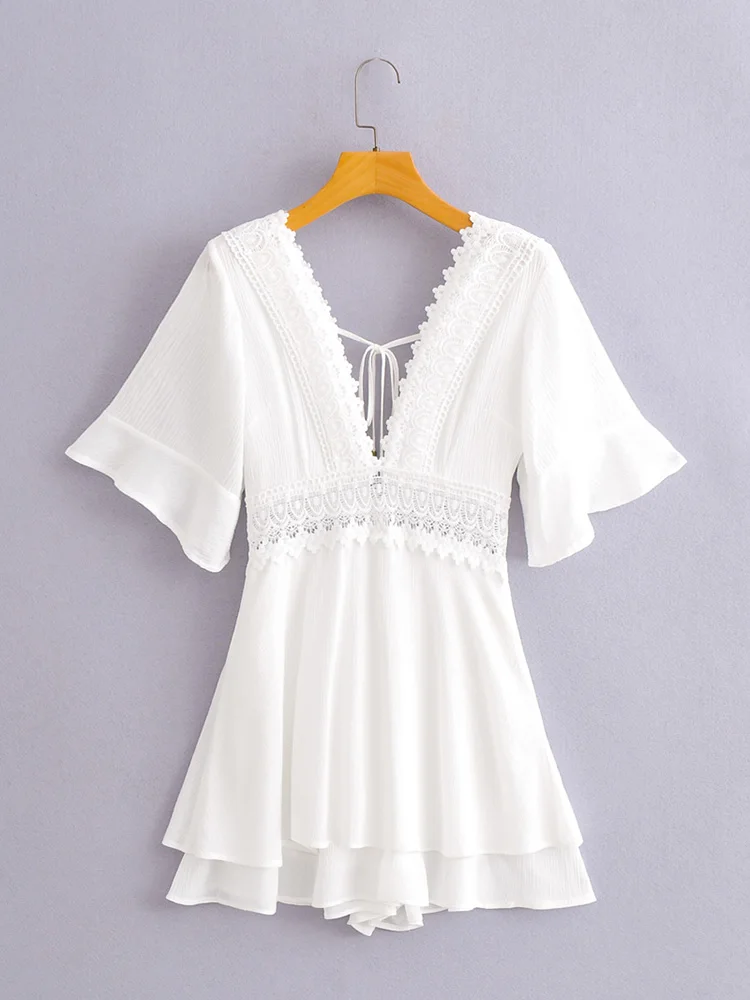 Summer Rompers Jumpsuit Women 2022 V Neck Short Sleeve Lace Trim Cotton White Romper V Back Tie Vacation Beach Shorts Playsuit