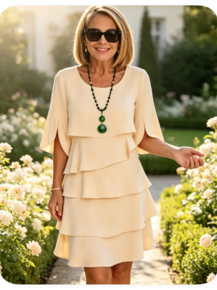 Elegantes Damenkleid mit Rüschen, O-Ausschnitt, Schlitz, Flatterärmeln, knielang, A-Linie, für Party, Abend, Freizeit und Alltag.